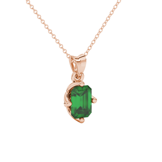 Green Emerald Cut Solitaire Gemstone Pendant in Rose Gold Four Prong Setting