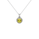 Round-cut canary yellow gemstone pendant in a white gold French pavé halo diamond setting.