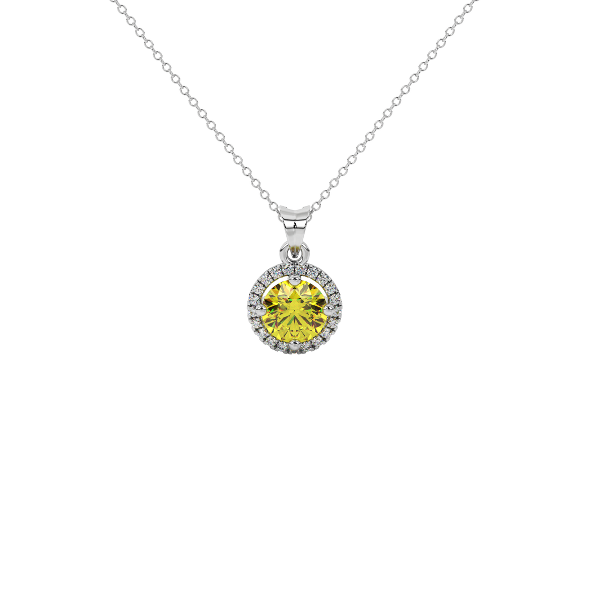 Round-cut canary yellow gemstone pendant in a white gold French pavé halo diamond setting.