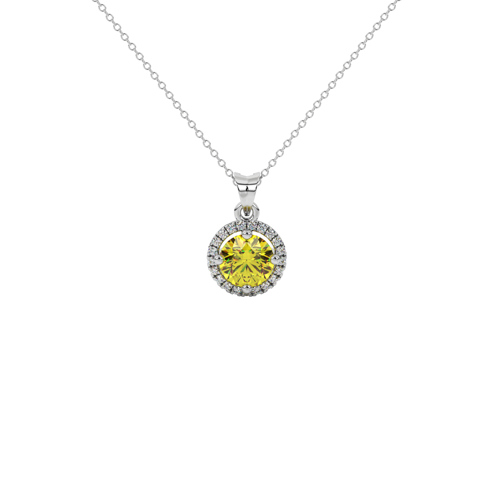Round-cut canary yellow gemstone pendant in a white gold French pavé halo diamond setting.