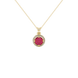 Round-cut raspberry red gemstone pendant in a yellow gold French pavé halo diamond setting.