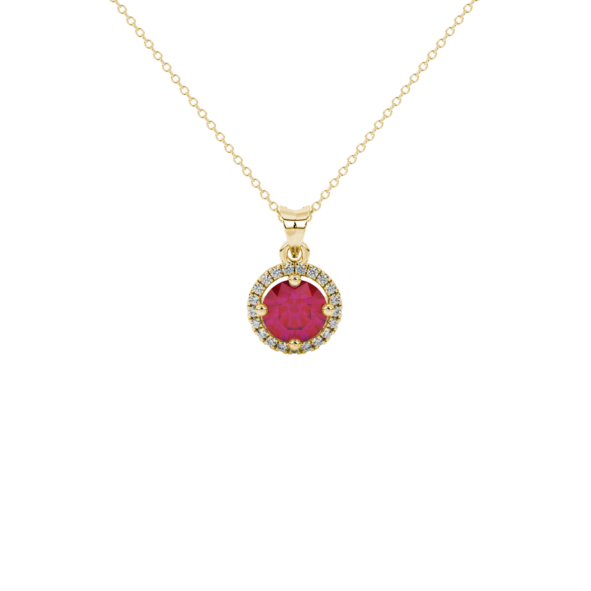 Round-cut raspberry red gemstone pendant in a yellow gold French pavé halo diamond setting.