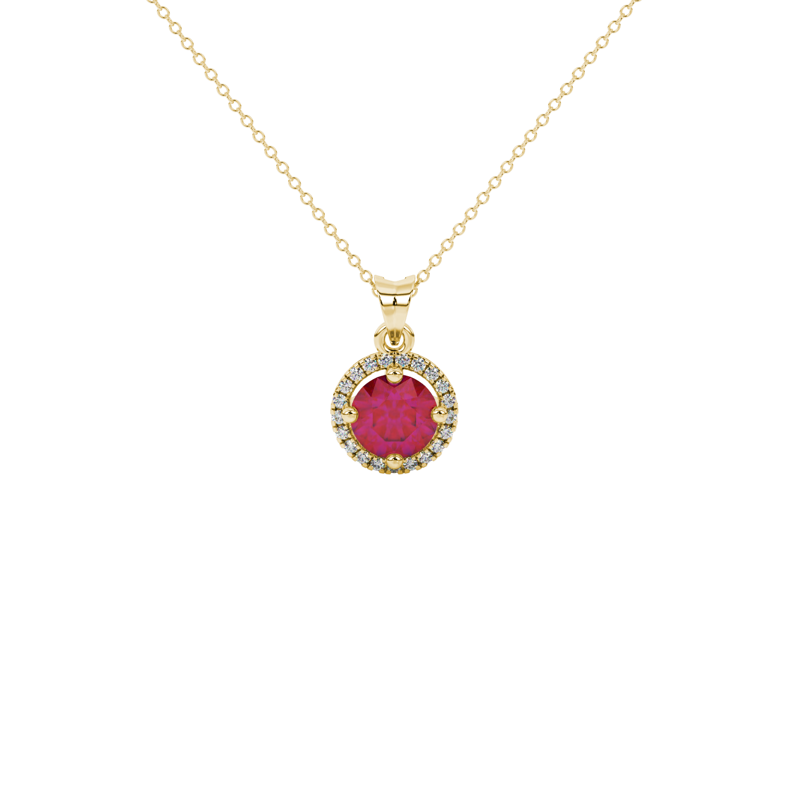 Round-cut raspberry red gemstone pendant in a yellow gold French pavé halo diamond setting.