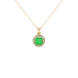 Round-cut emerald green gemstone pendant in a yellow gold French pavé halo diamond setting.