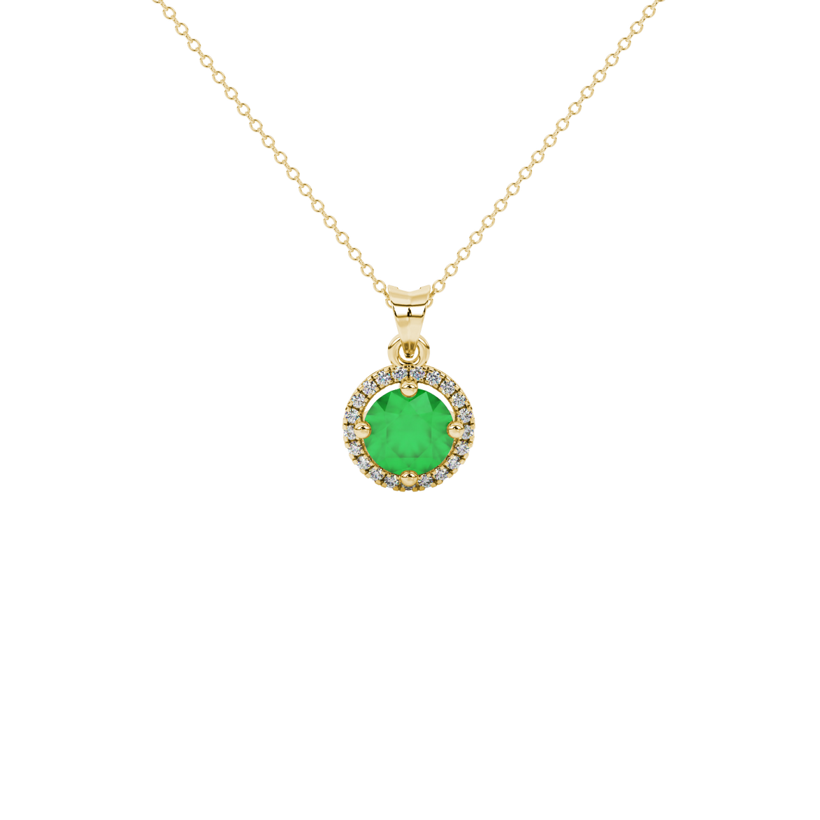 Round-cut emerald green gemstone pendant in a yellow gold French pavé halo diamond setting.