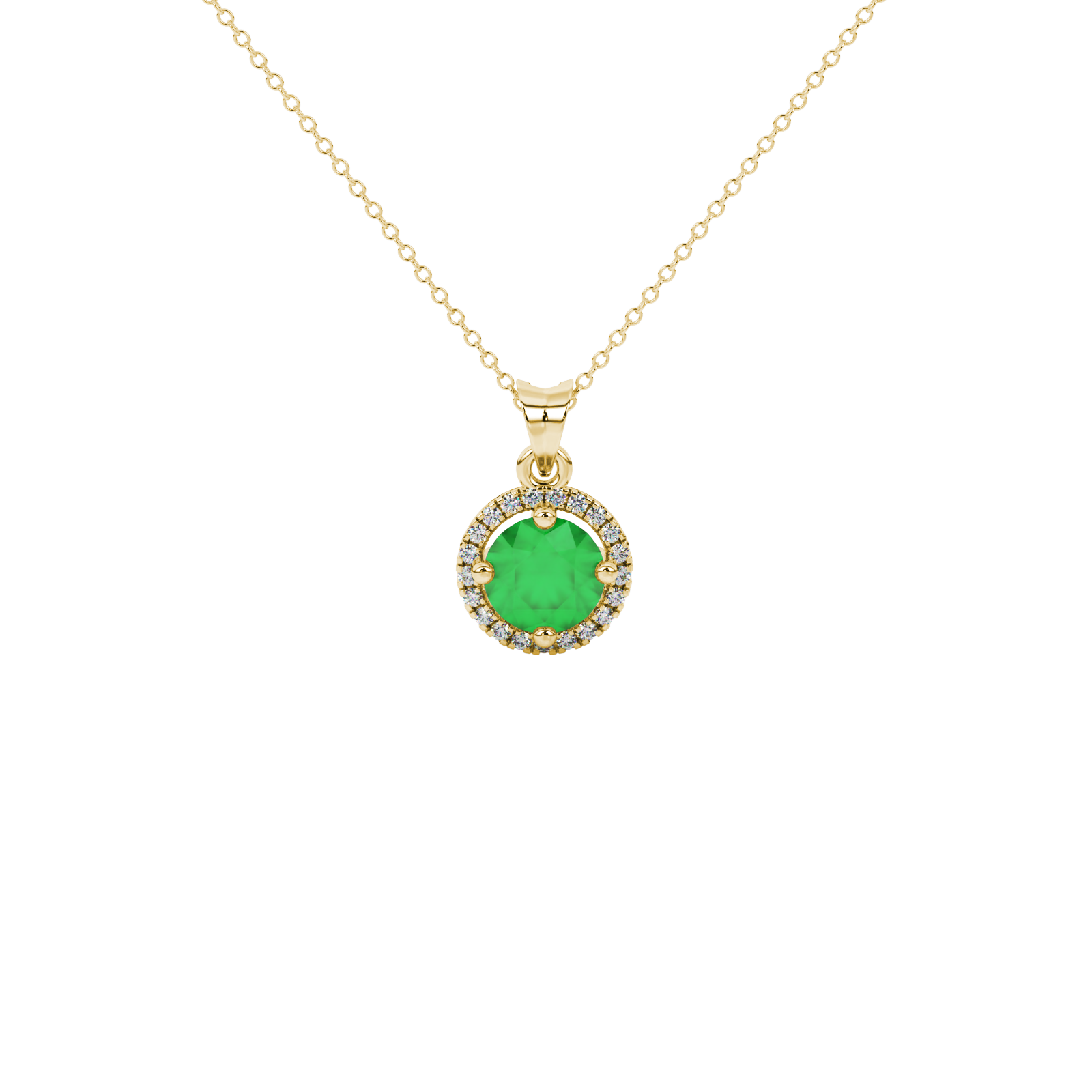 Round-cut emerald green gemstone pendant in a yellow gold French pavé halo diamond setting.