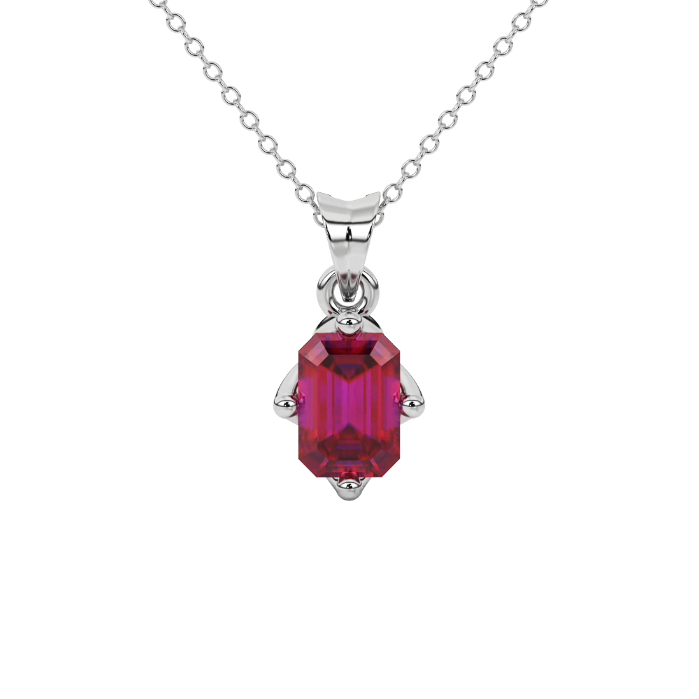 Red Emerald Cut Solitaire Gemstone Pendant in Rose Gold Four Prong Setting