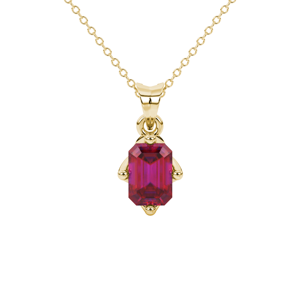 Red Emerald Cut Solitaire Gemstone Pendant in Rose Gold Four Prong Setting