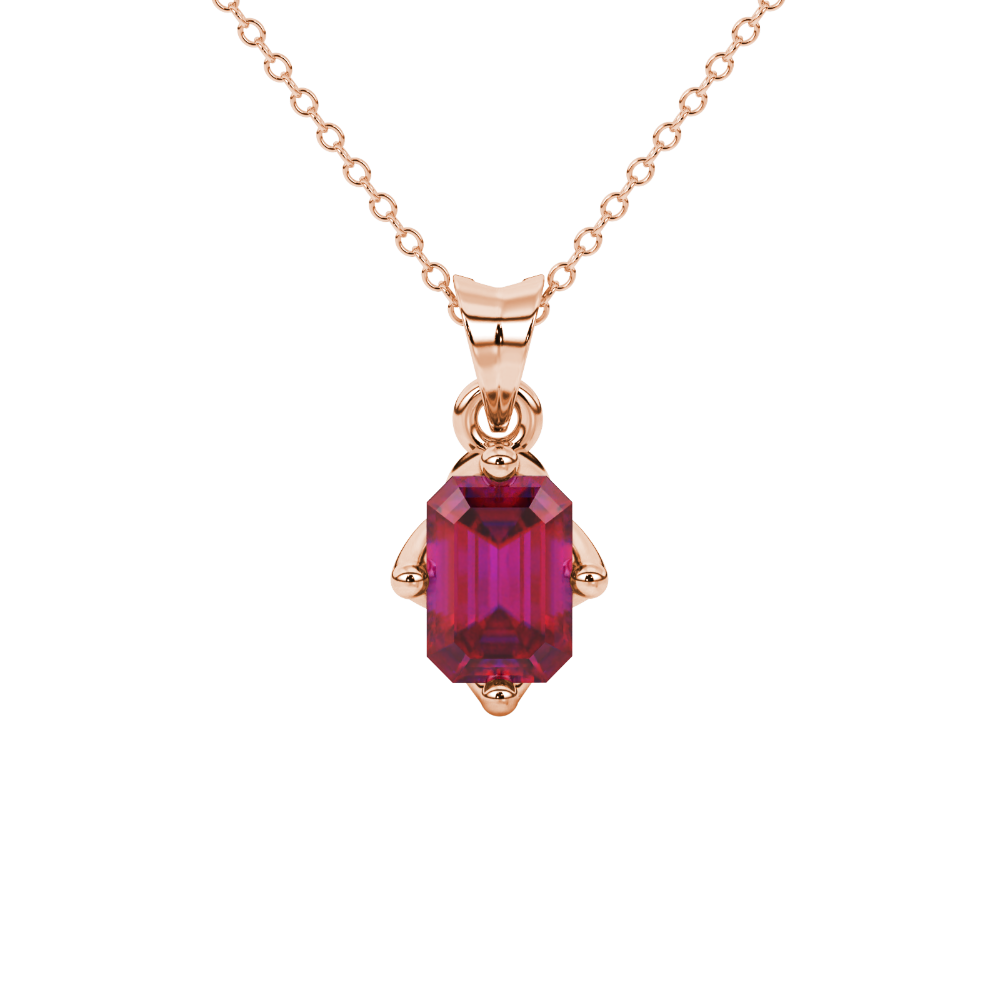Red Emerald Cut Solitaire Gemstone Pendant in Rose Gold Four Prong Setting