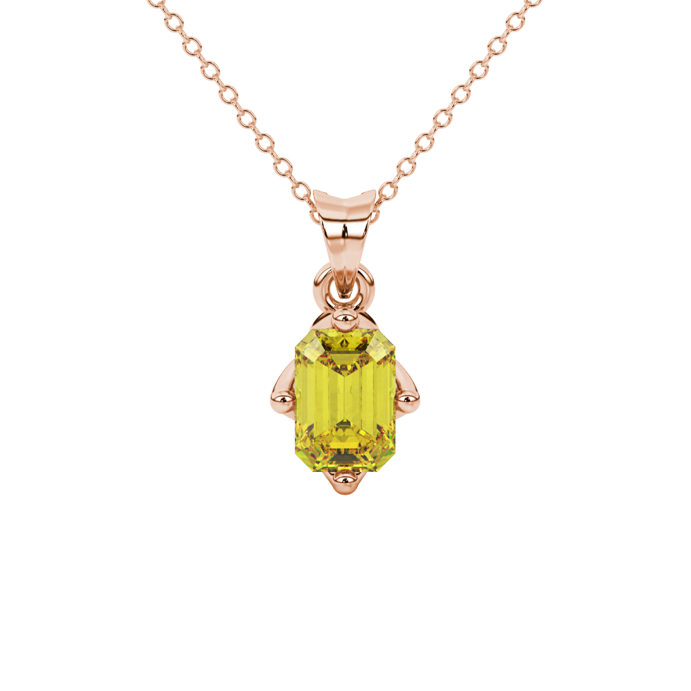 Yellow Emerald Cut Solitaire Gemstone Pendant in Rose Gold Four Prong Setting