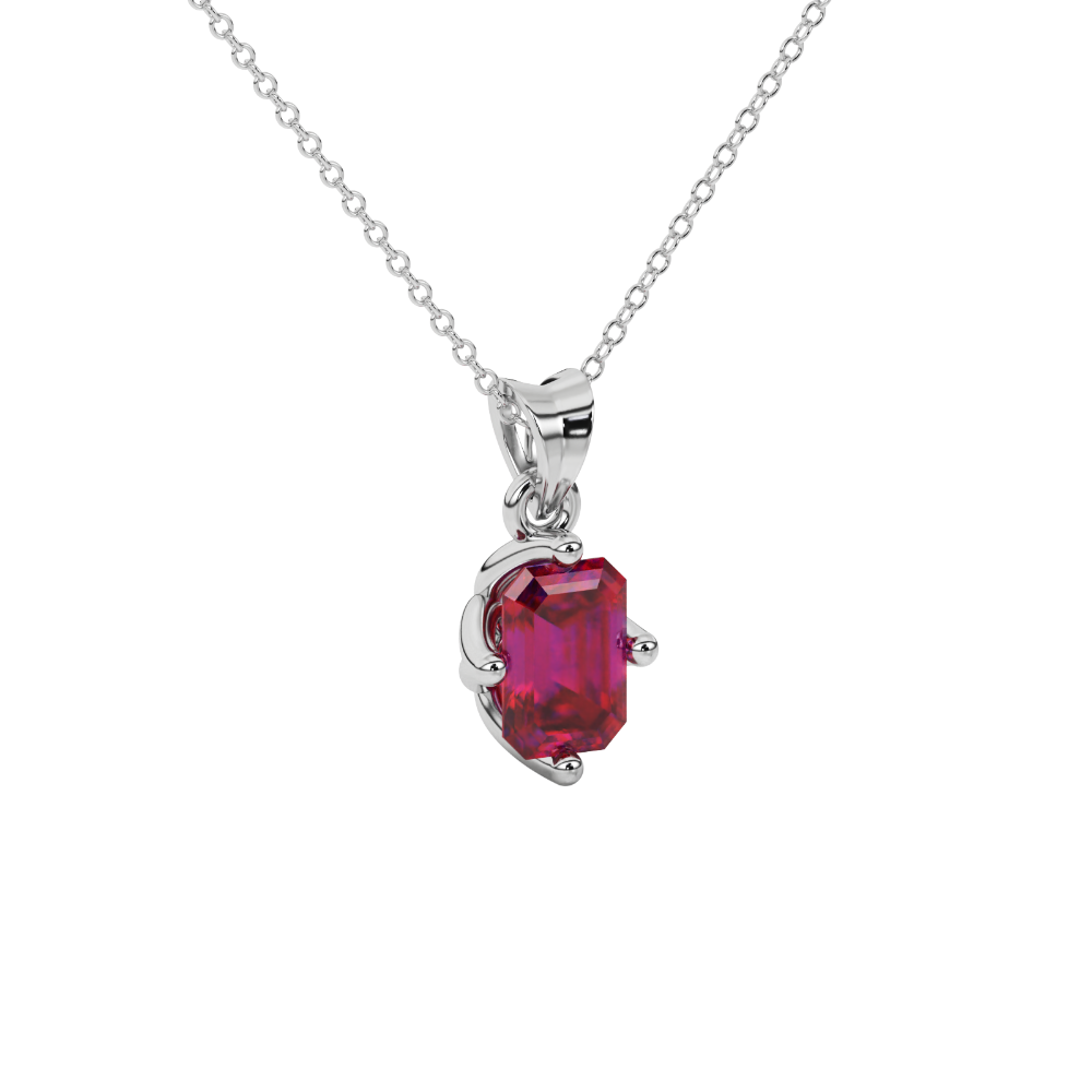 Red Emerald Cut Solitaire Gemstone Pendant in Rose Gold Four Prong Setting