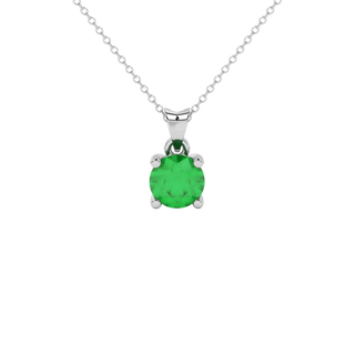 Round-cut emerald green gemstone pendant in a white gold lotus basket setting.