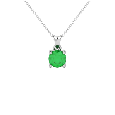 Round-cut emerald green gemstone pendant in a white gold lotus basket setting.