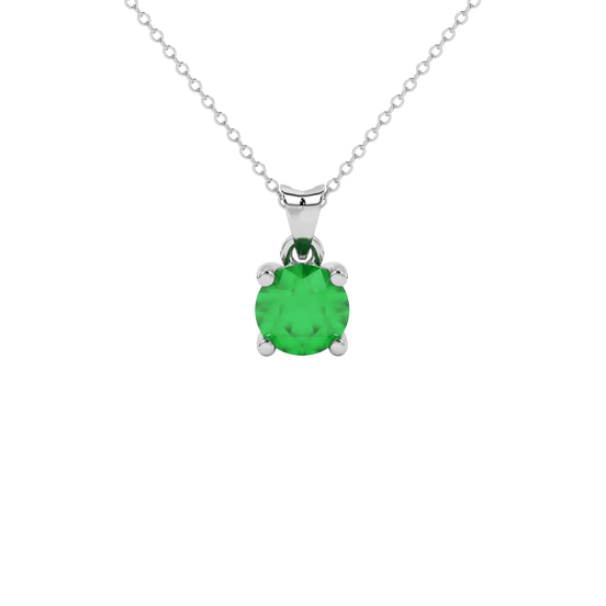 Round-cut emerald green gemstone pendant in a white gold lotus basket setting.