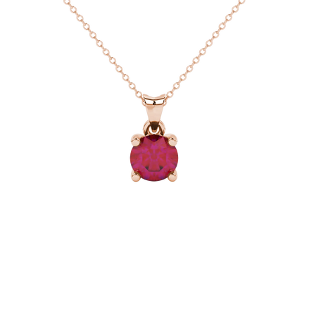 Round-cut raspberry red gemstone pendant in a rose gold lotus basket setting