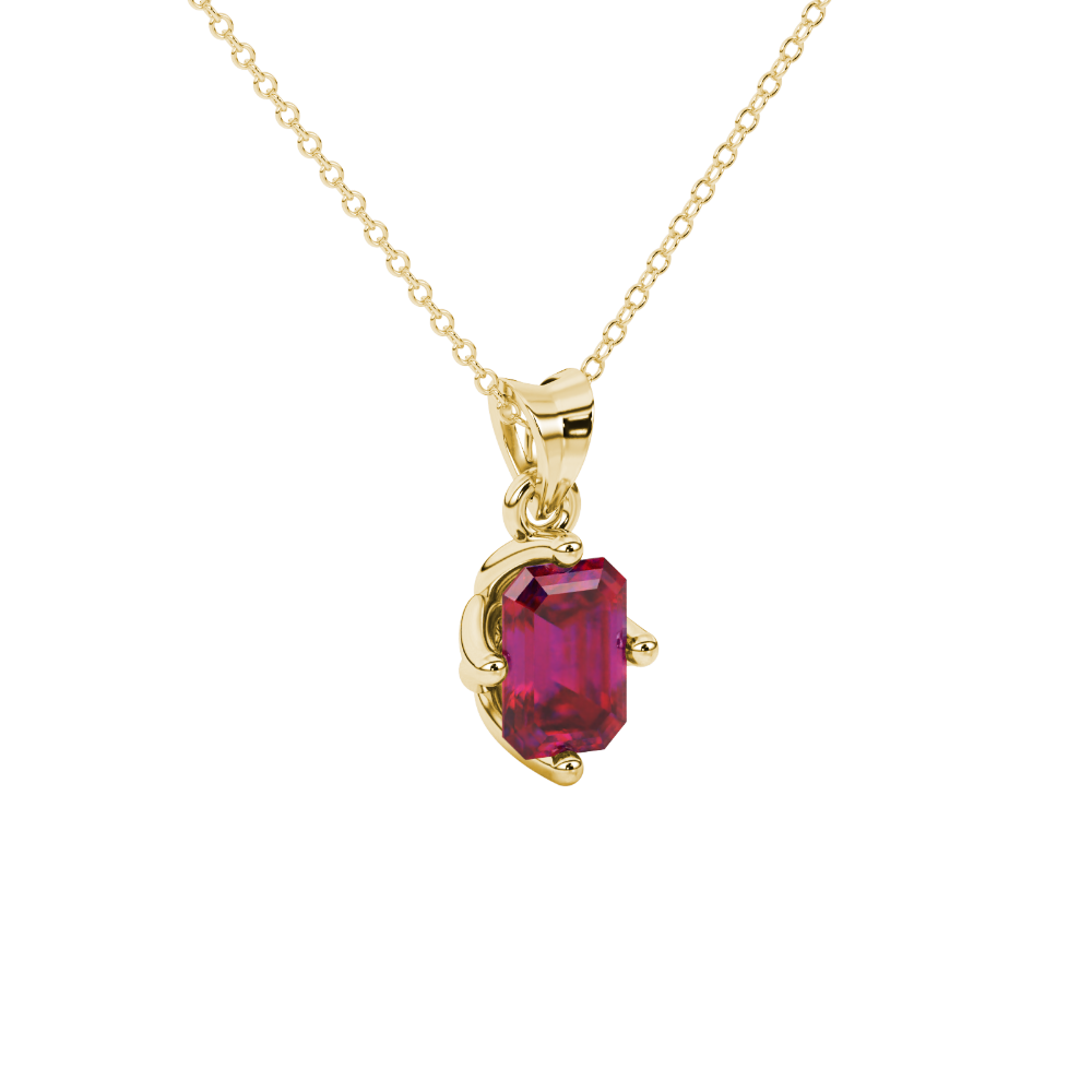 Red Emerald Cut Solitaire Gemstone Pendant in Rose Gold Four Prong Setting