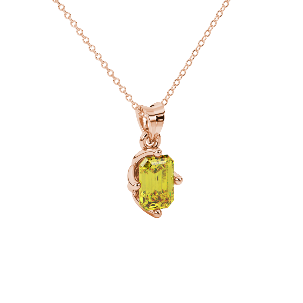 Yellow Emerald Cut Solitaire Gemstone Pendant in Rose Gold Four Prong Setting