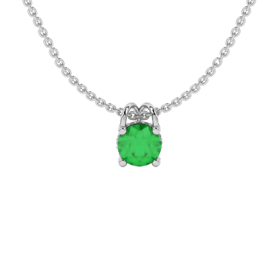 Round-cut emerald green gemstone pendant in a white gold pavé basket diamond setting.