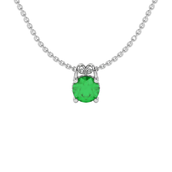 Round-cut emerald green gemstone pendant in a white gold pavé basket diamond setting.