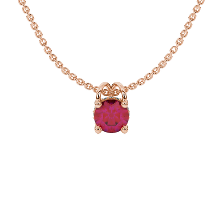 Round-cut raspberry red gemstone pendant in a rose gold pavé basket diamond setting.