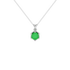 Round-cut emerald green gemstone pendant in a white gold scalloped six-prong setting.