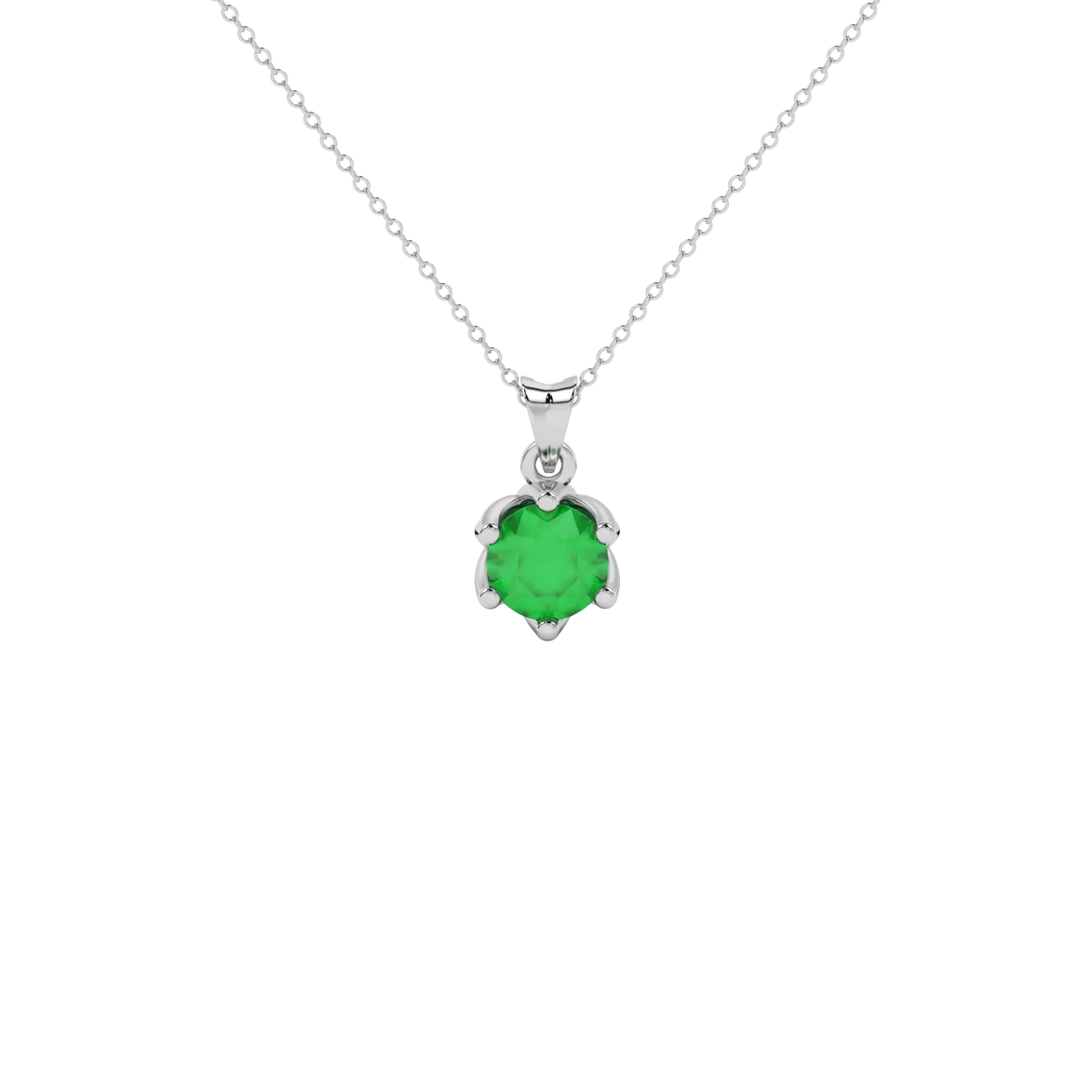 Round-cut emerald green gemstone pendant in a white gold scalloped six-prong setting.