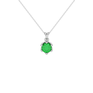 Round-cut emerald green gemstone pendant in a white gold scalloped six-prong setting.