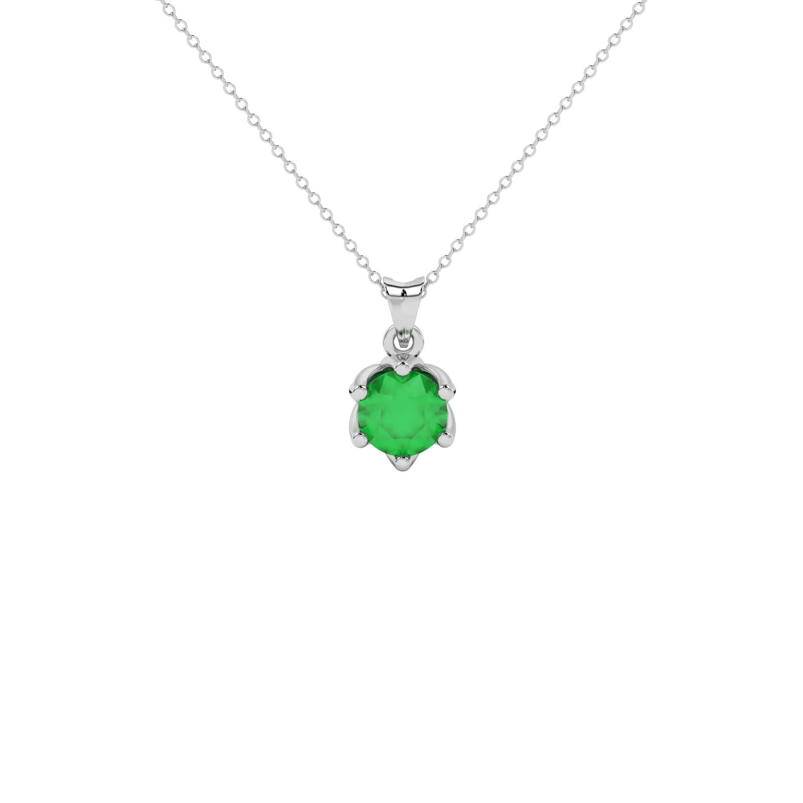 Round-cut emerald green gemstone pendant in a white gold scalloped six-prong setting.