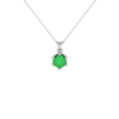 Round-cut emerald green gemstone pendant in a white gold scalloped six-prong setting.