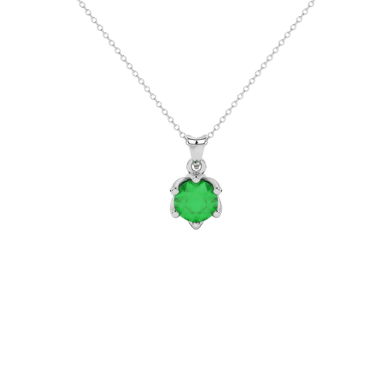 Round-cut emerald green gemstone pendant in a white gold scalloped six-prong setting.