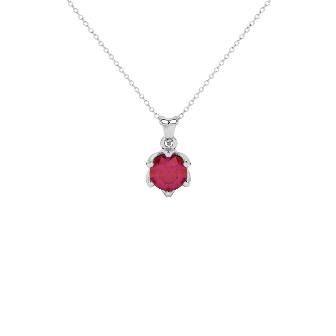 Round-cut raspberry red gemstone pendant in a white gold scalloped six-prong setting