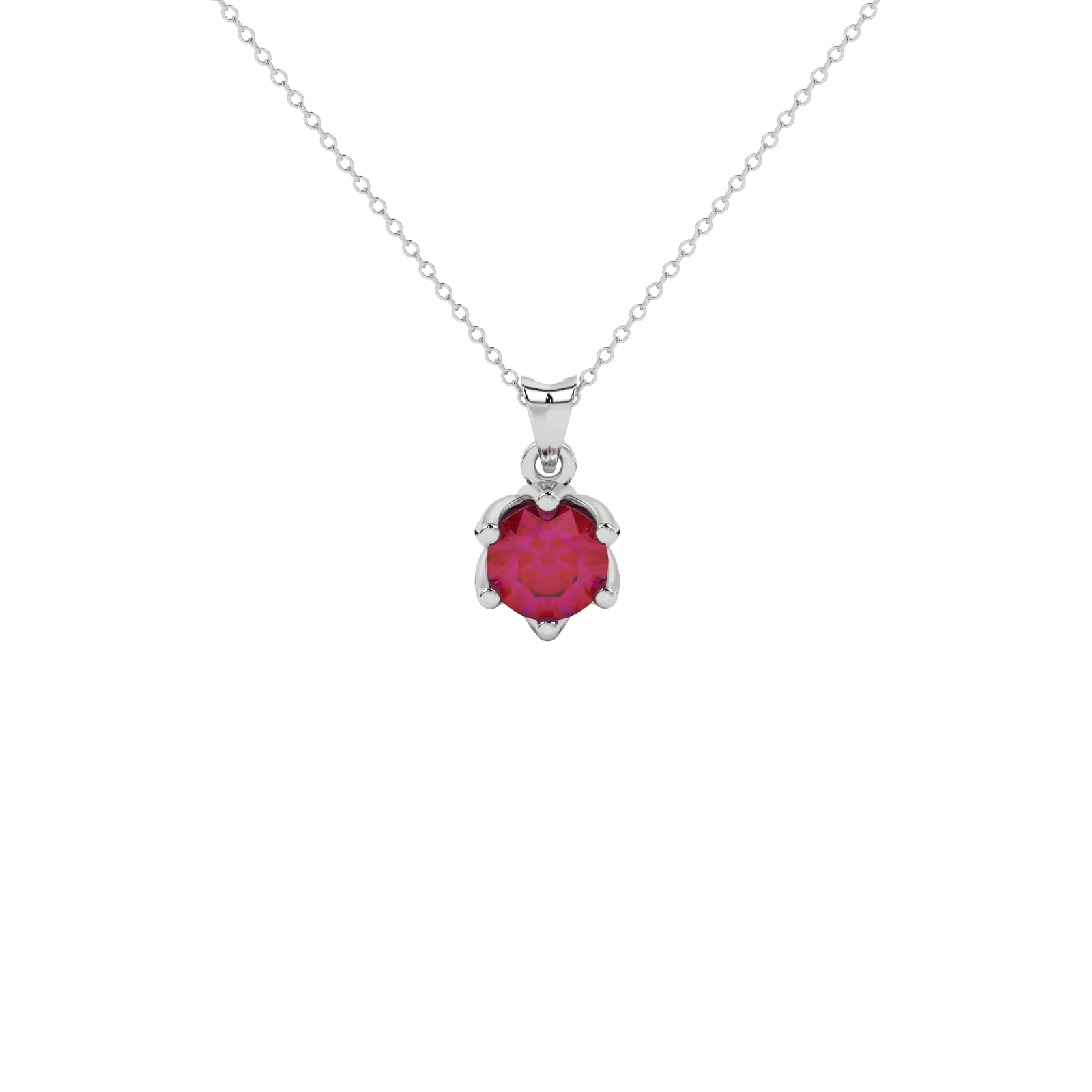 Round-cut raspberry red gemstone pendant in a white gold scalloped six-prong setting