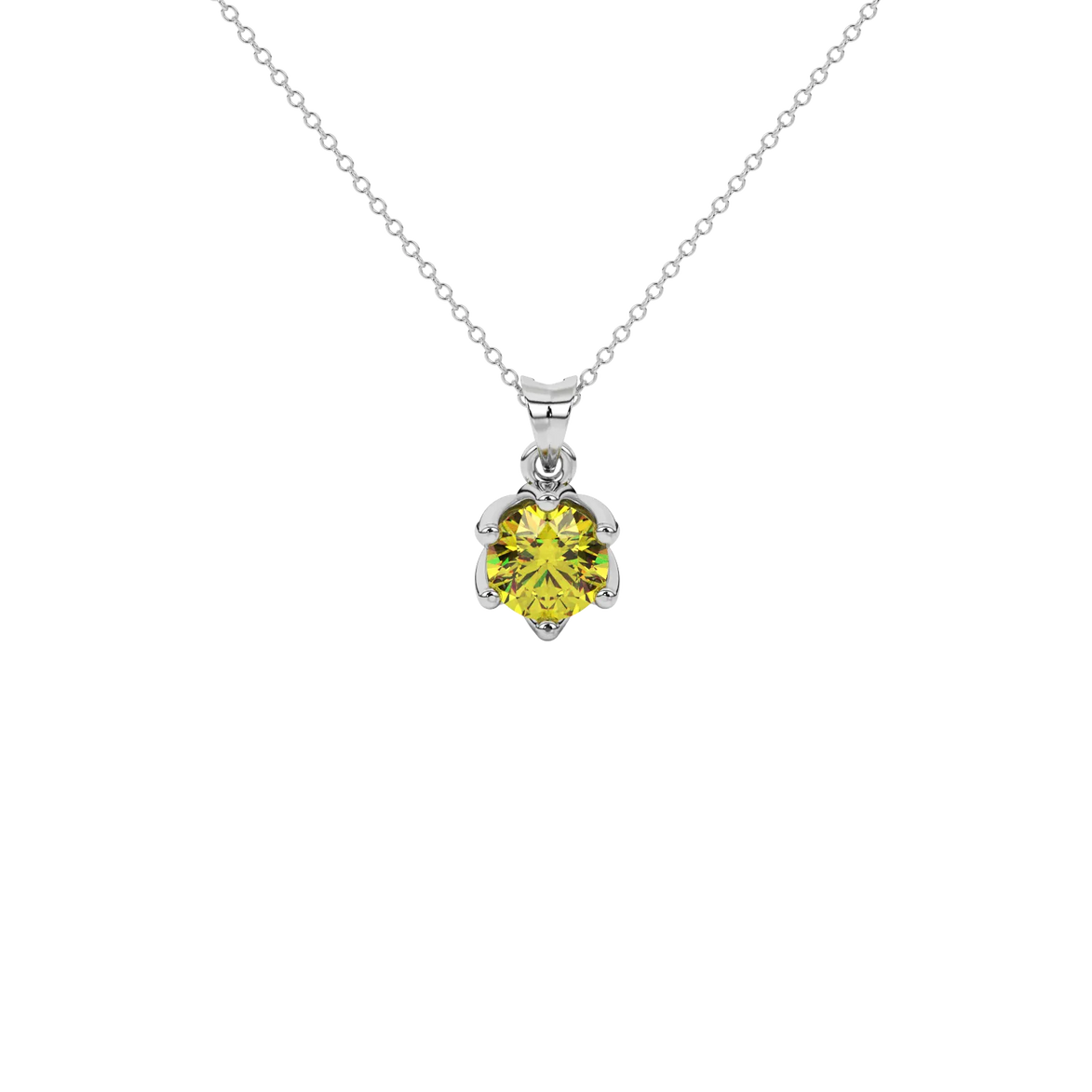Round-cut canary yellow gemstone pendant in a white gold scalloped six-prong setting.