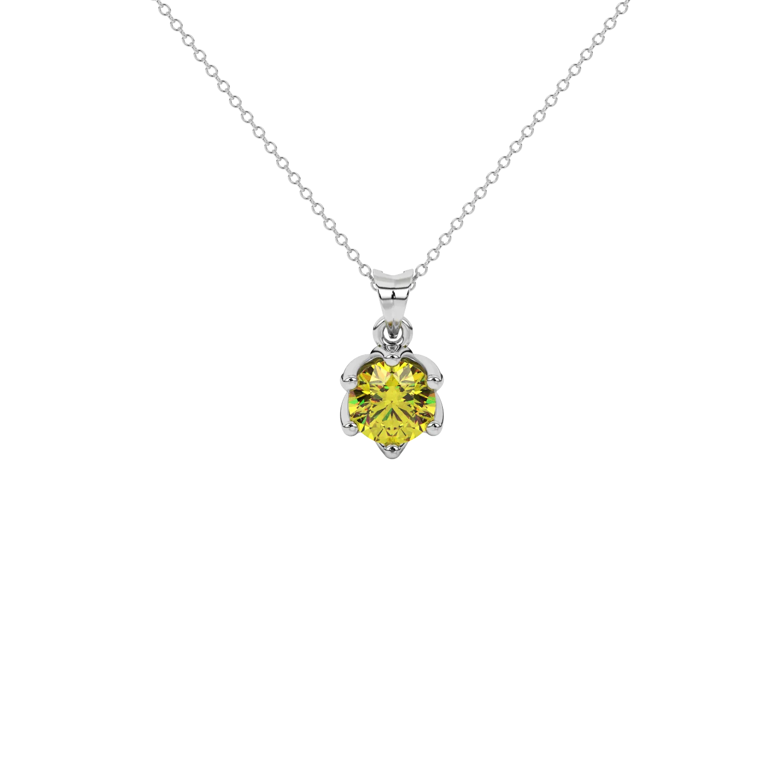 Round-cut canary yellow gemstone pendant in a white gold scalloped six-prong setting.