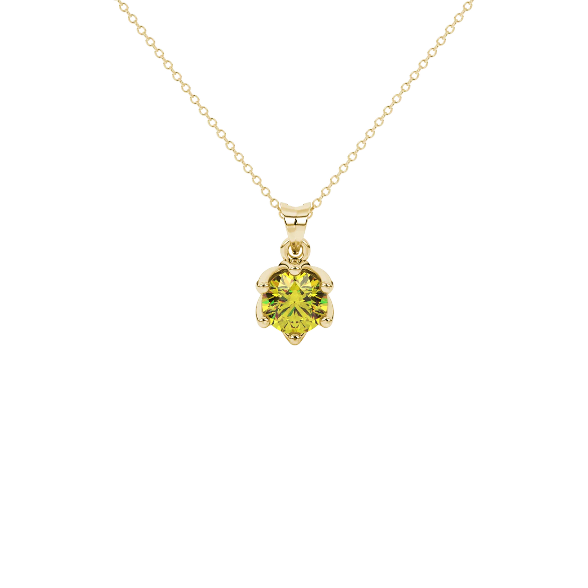 Round-cut canary yellow gemstone pendant in a yellow gold scalloped six-prong setting.