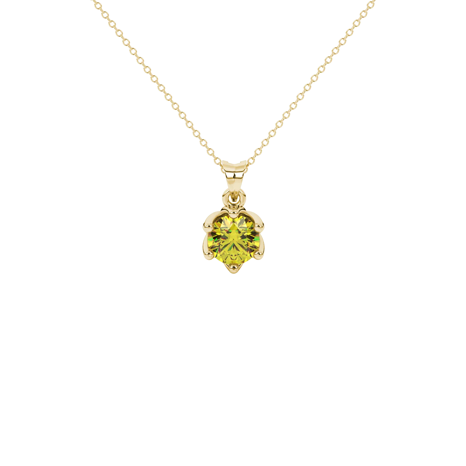 Round-cut canary yellow gemstone pendant in a yellow gold scalloped six-prong setting.