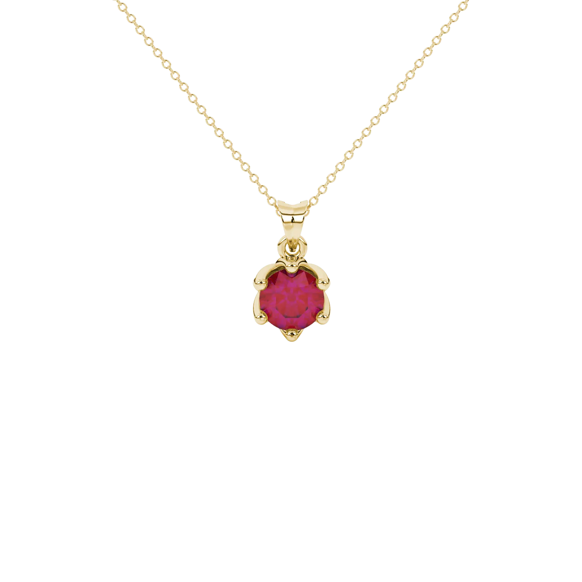 Round-cut raspberry red gemstone pendant in a yellow gold scalloped six-prong setting.