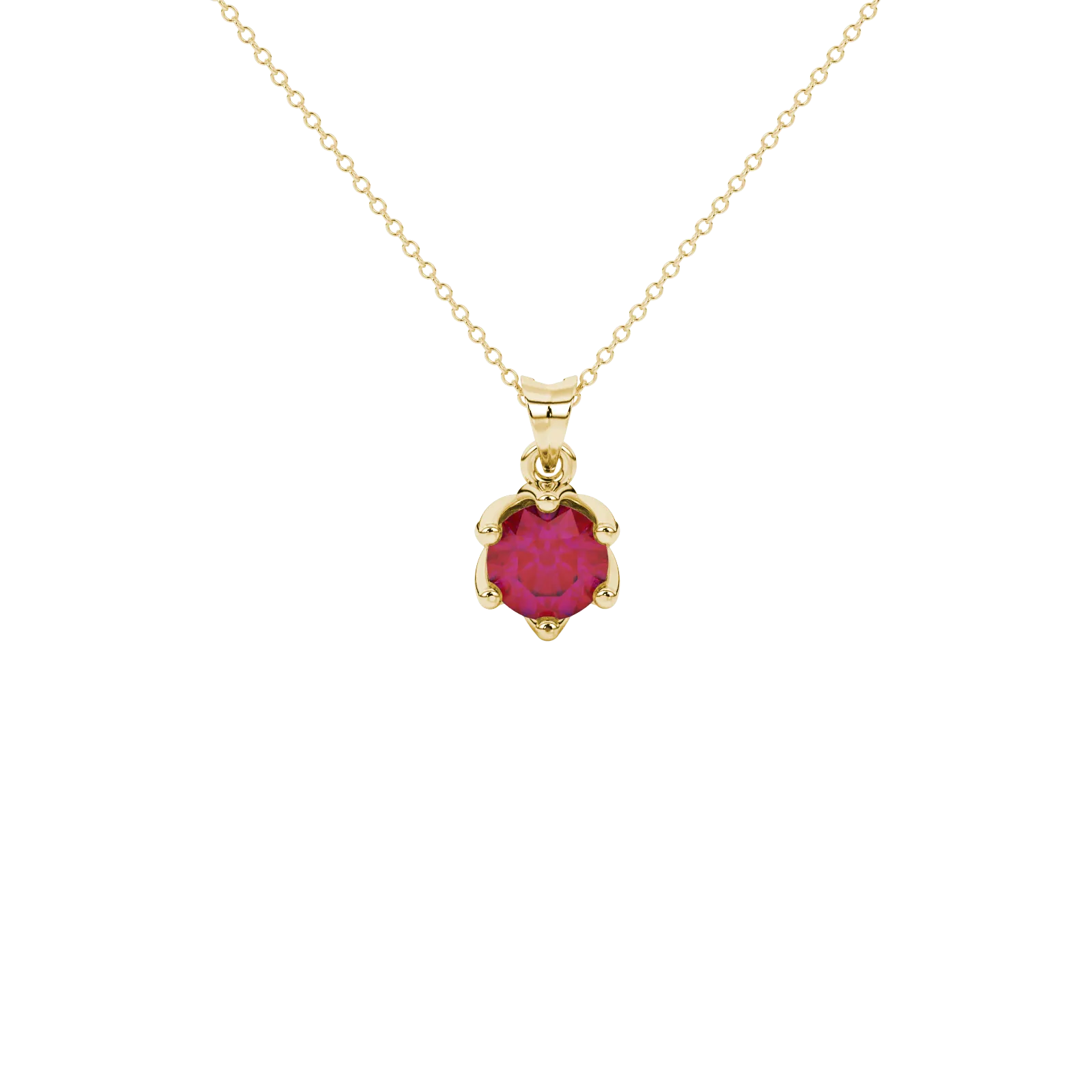 Round-cut raspberry red gemstone pendant in a yellow gold scalloped six-prong setting.