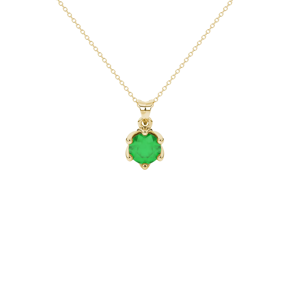 Round-cut emerald green gemstone pendant in a yellow gold scalloped six-prong setting.