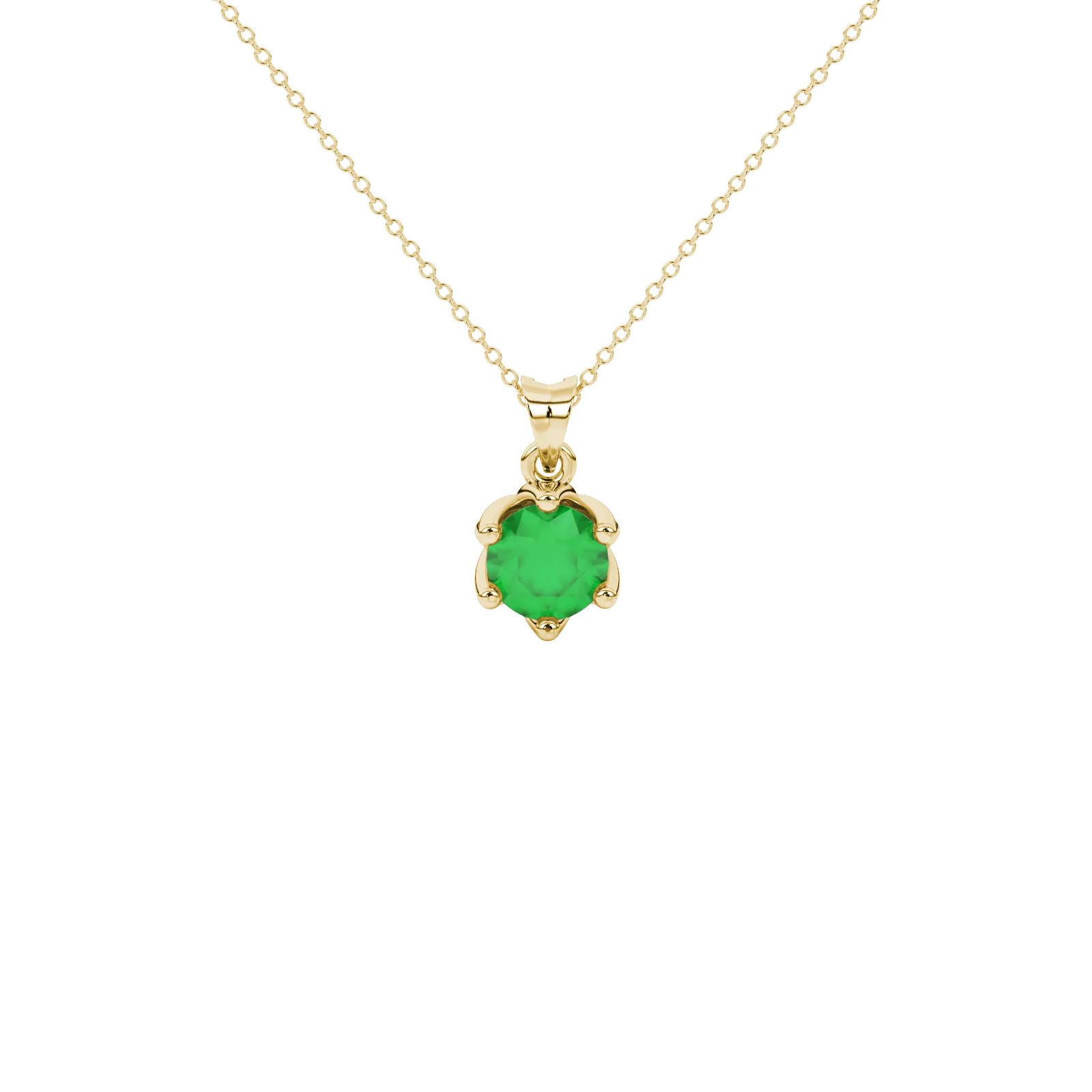 Round-cut emerald green gemstone pendant in a yellow gold scalloped six-prong setting.