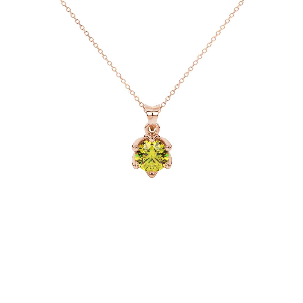 Round-cut canary yellow gemstone pendant in a rose gold scalloped six-prong setting.