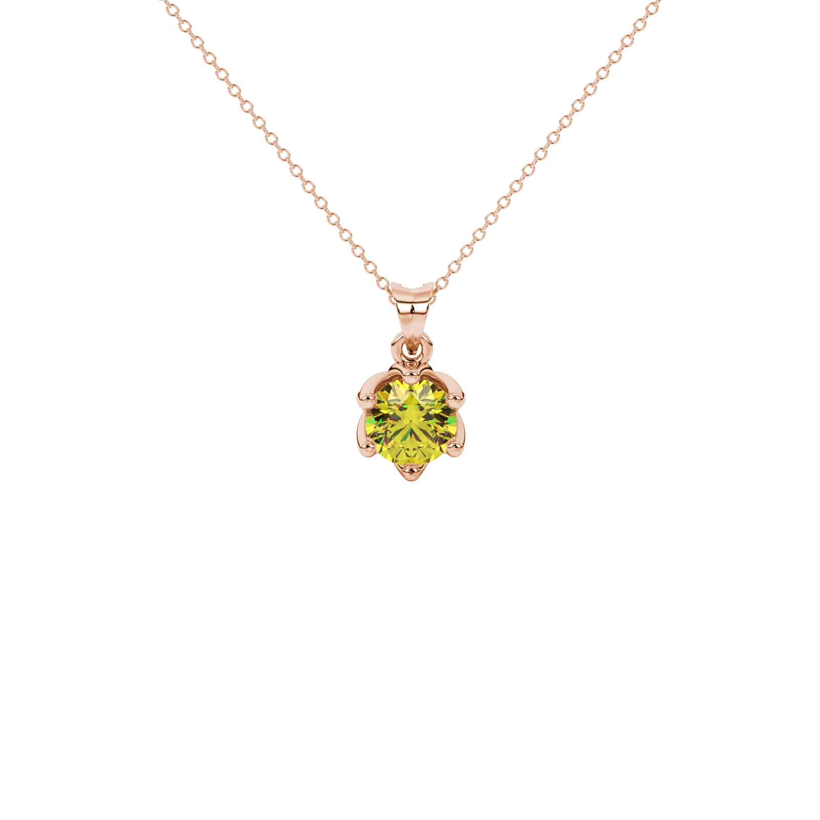 Round-cut canary yellow gemstone pendant in a rose gold scalloped six-prong setting.