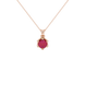 Round-cut raspberry red gemstone pendant in a rose gold scalloped six-prong setting.