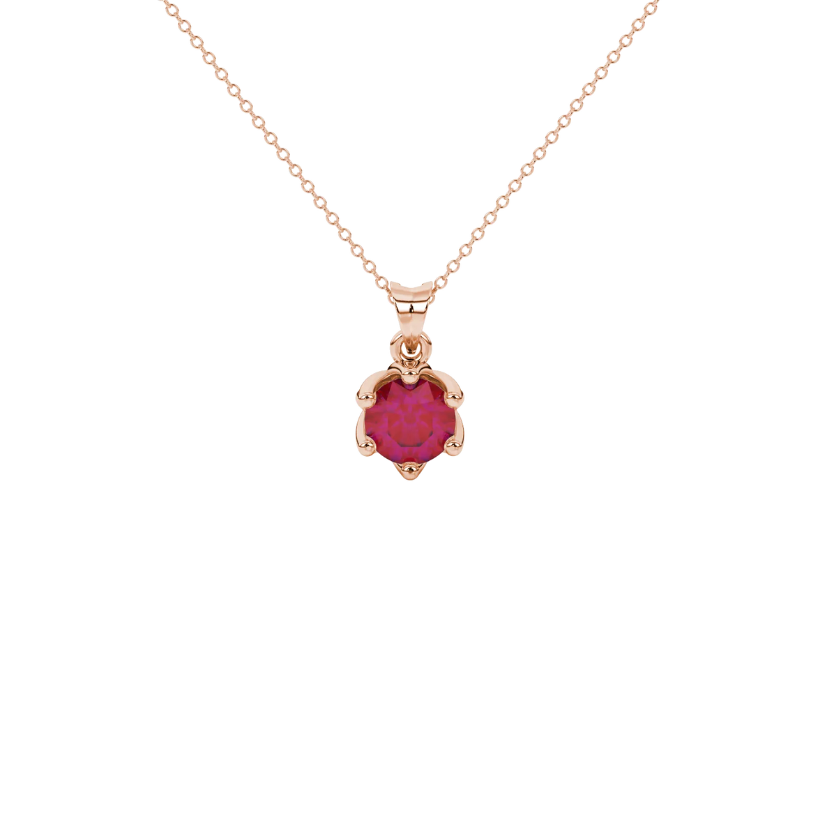 Round-cut raspberry red gemstone pendant in a rose gold scalloped six-prong setting.