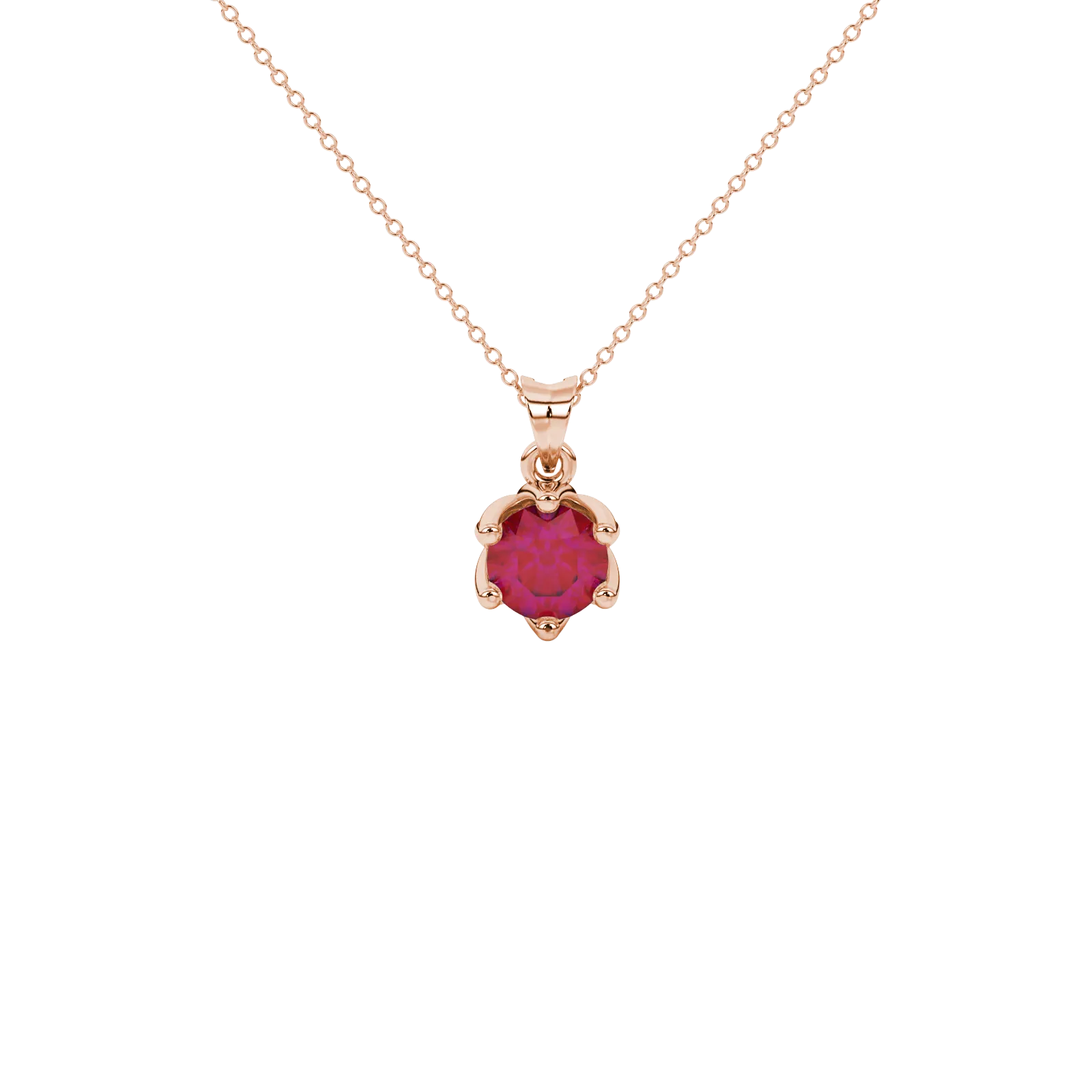 Round-cut raspberry red gemstone pendant in a rose gold scalloped six-prong setting.