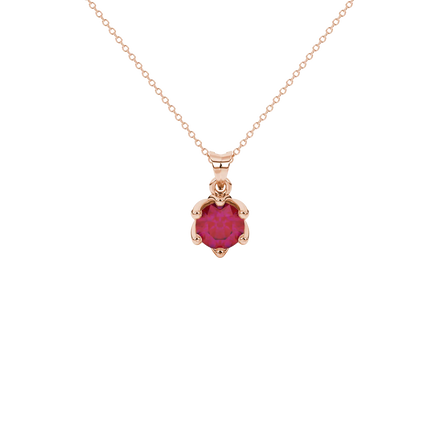 Round-cut raspberry red gemstone pendant in a rose gold scalloped six-prong setting.