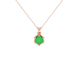 Round-cut emerald green gemstone pendant in a rose gold scalloped six-prong setting.