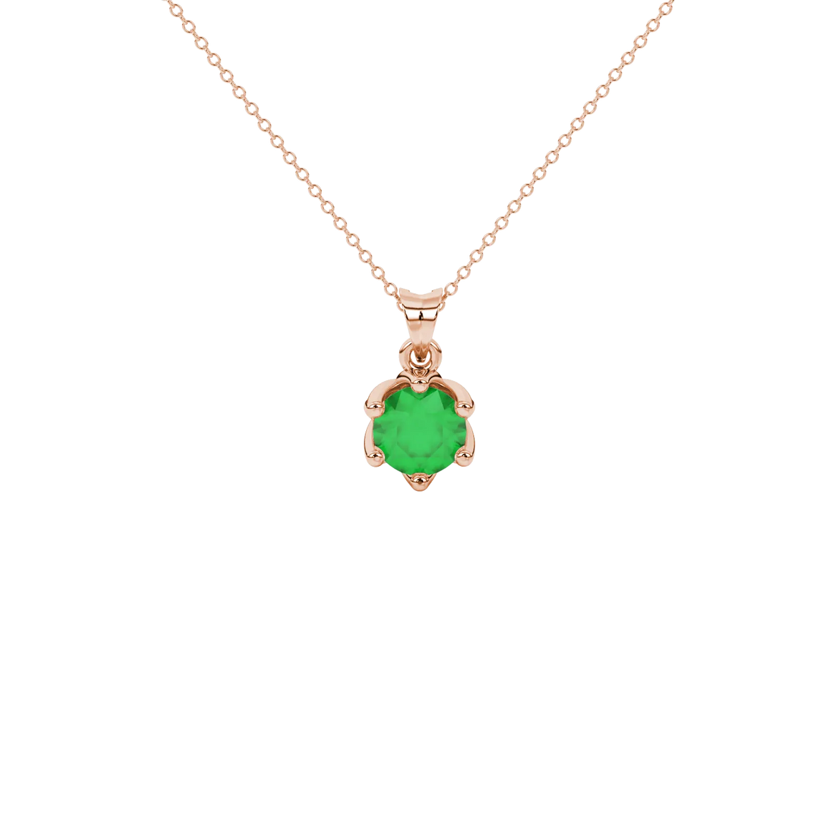 Round-cut emerald green gemstone pendant in a rose gold scalloped six-prong setting.