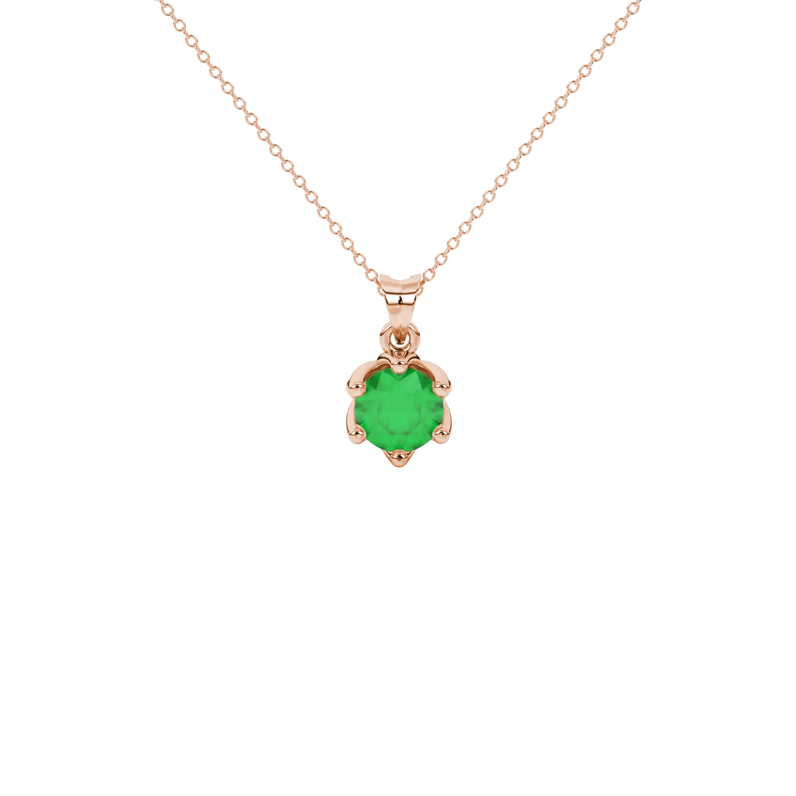 Round-cut emerald green gemstone pendant in a rose gold scalloped six-prong setting.