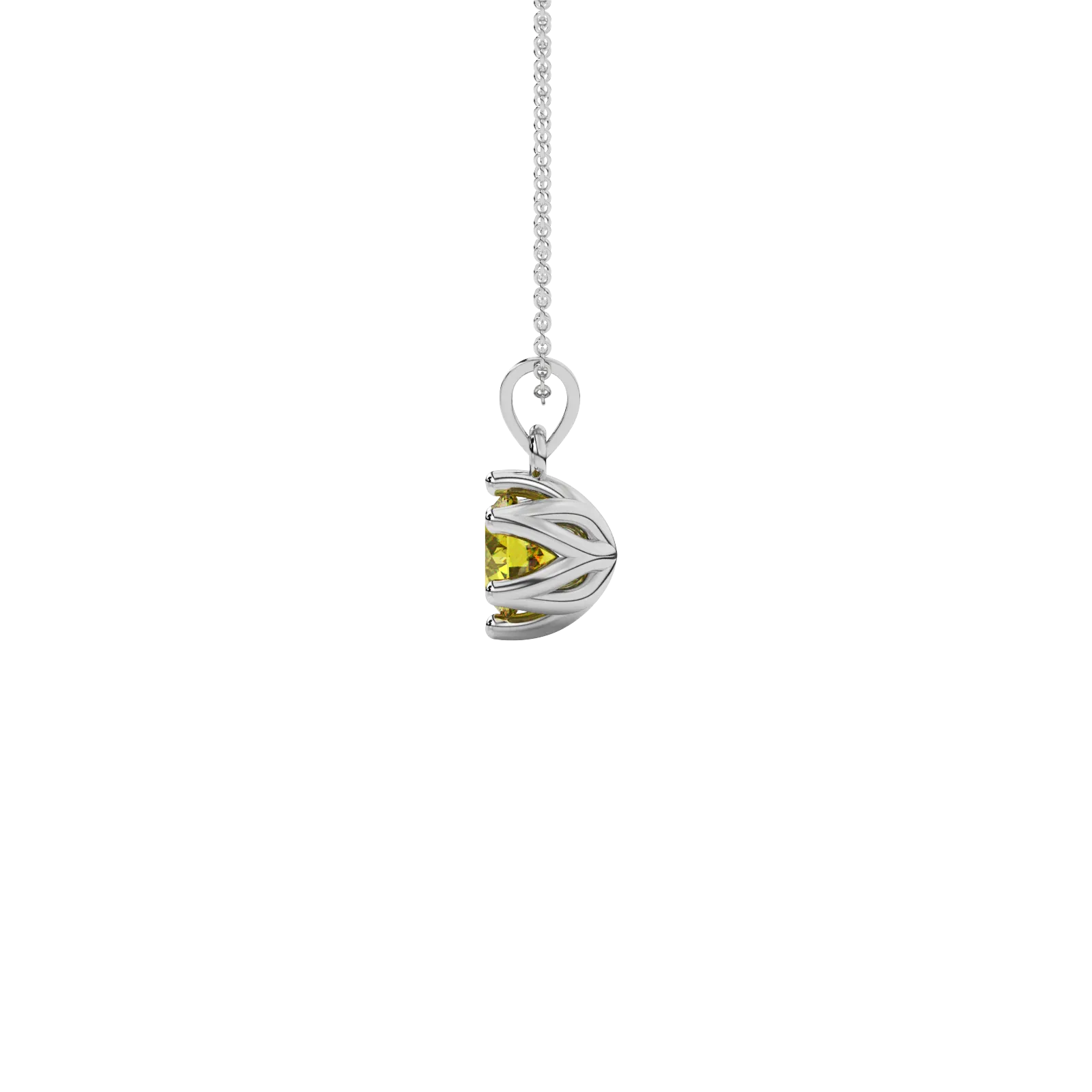 Side profile of a white gold canary yellow gemstone pendant showing the clean scalloped six-prong design.